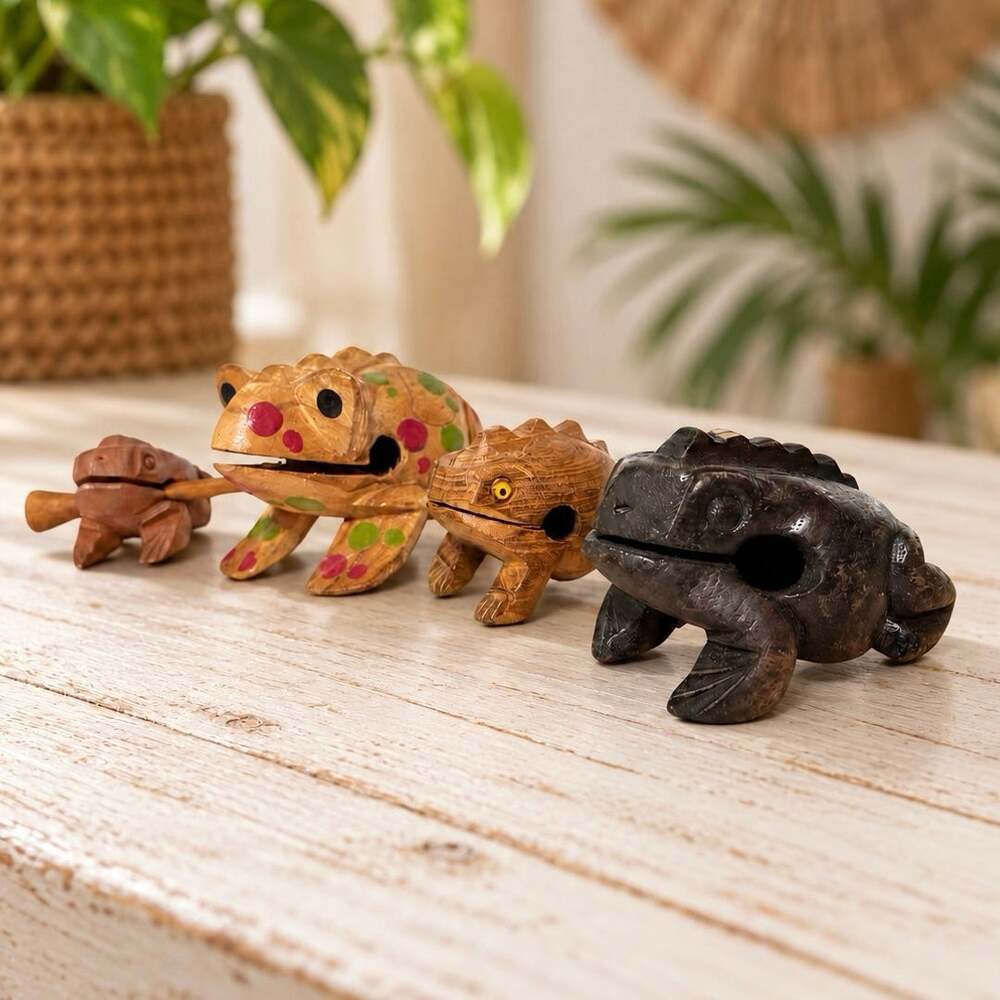 Hand Carved Wooden Frog Guiro Lot of 4 Croaking Percussion Instruments w Stick